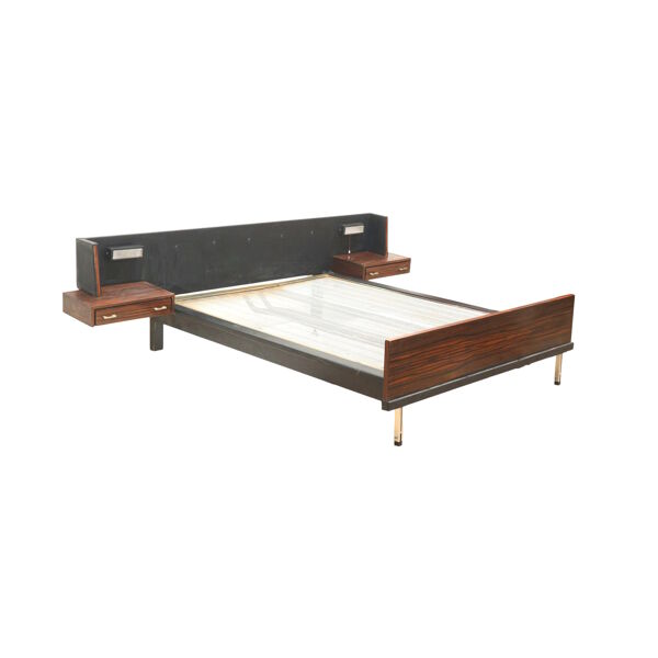 Lit double vintage avec tables de chevet flottantes et éclairage des années 60