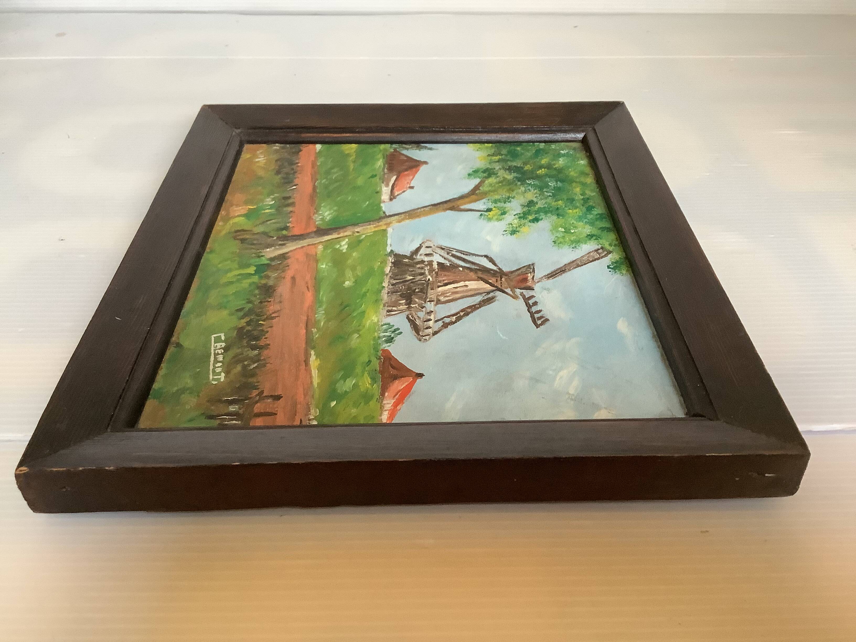 Small landscape painting of a mill, oil on panel, signed.