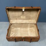 Antique brown travel case with wooden slides from the early 1900s