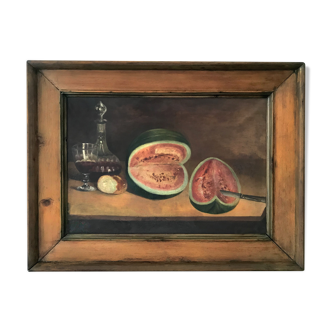 Tableau toile nature morte à la pastèque début xxème siècle 83x62 cm