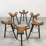 6 tabourets hauts en bois, Espagne milieu XXème