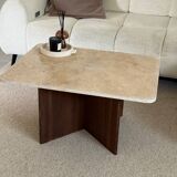 Rectangular coffee table in travertine and dark oak.