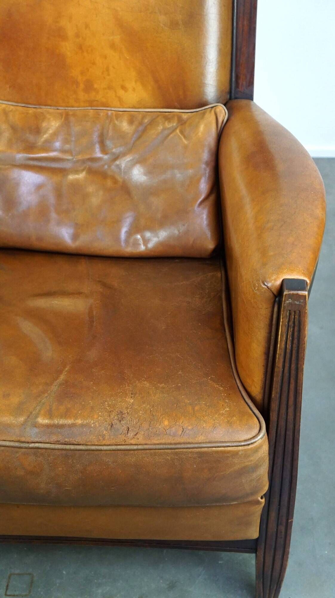 Vintage Art Deco Sheepskin High Back Armchair Set with Wood Finish