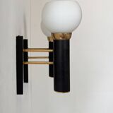 Pair of vintage wall lights, opaline brass and matte black metal, France, 1950