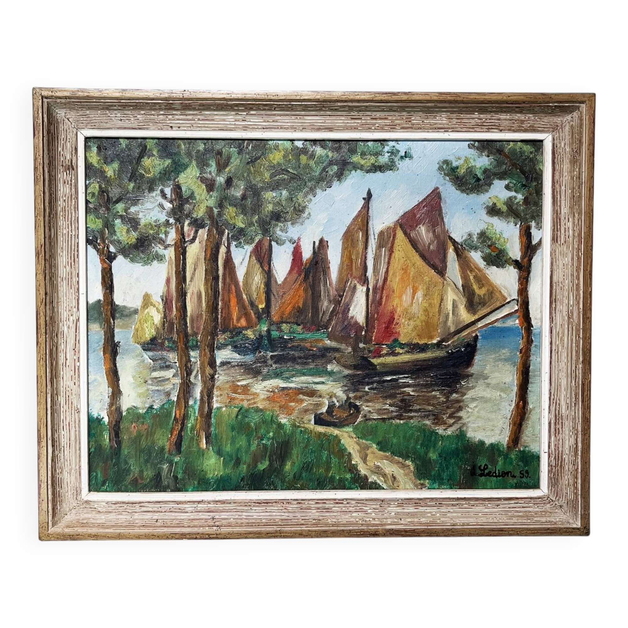 Tableau 1959 "The Sailboats" signed Ledien