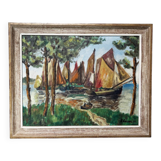Tableau 1959 "The Sailboats" signed Ledien