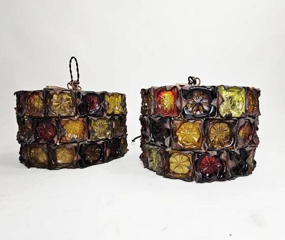 Very rare and unique set of pendant lamps, brutalist glass and metal by Felipe Delfinger for Feder, 1970s Mexico