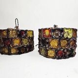 Very rare and unique set of pendant lamps, brutalist glass and metal by Felipe Delfinger for Feder, 1970s Mexico