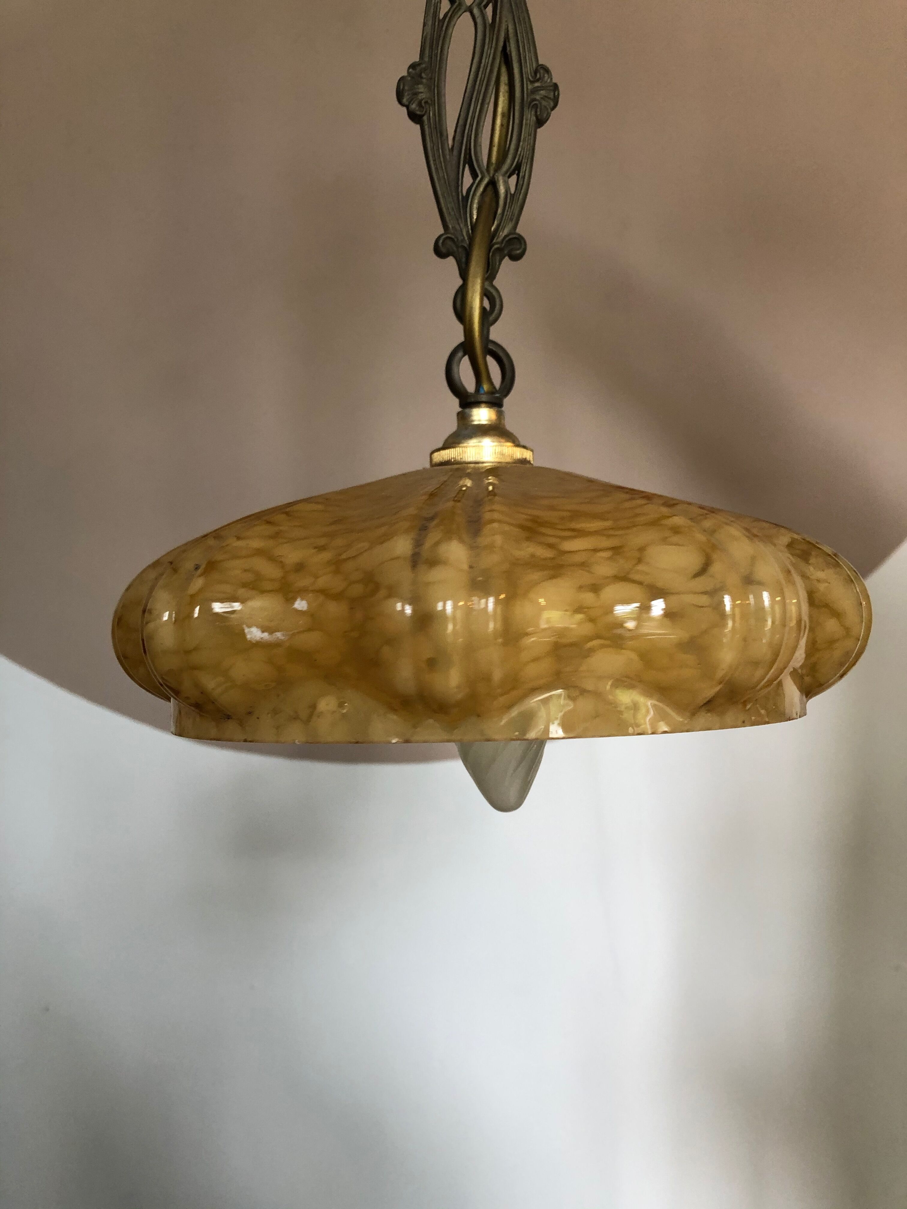 Orange ochre coloured antique glass hanging lamp