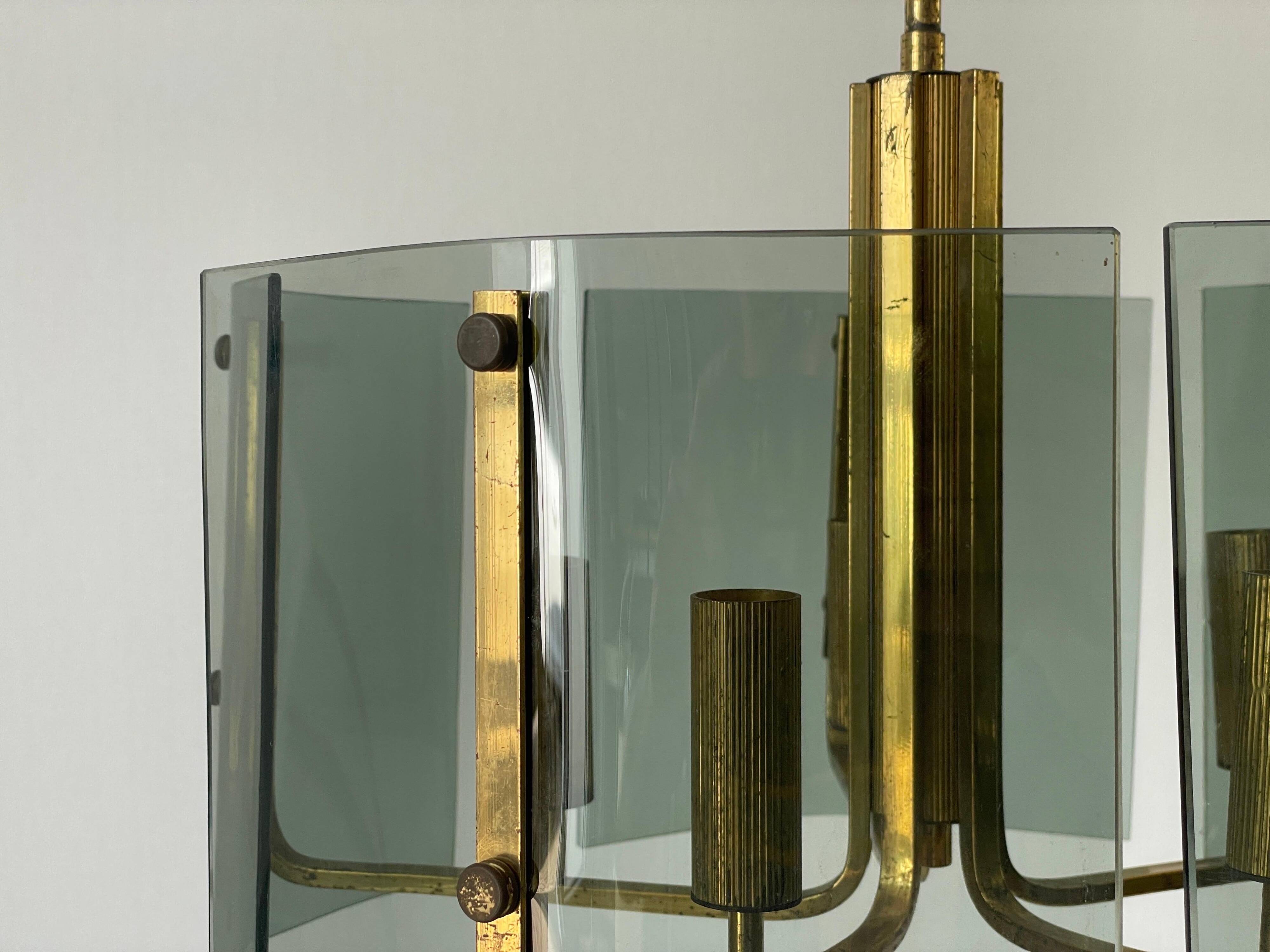 Grey glass chandelier with a brass body, 1960, Italy