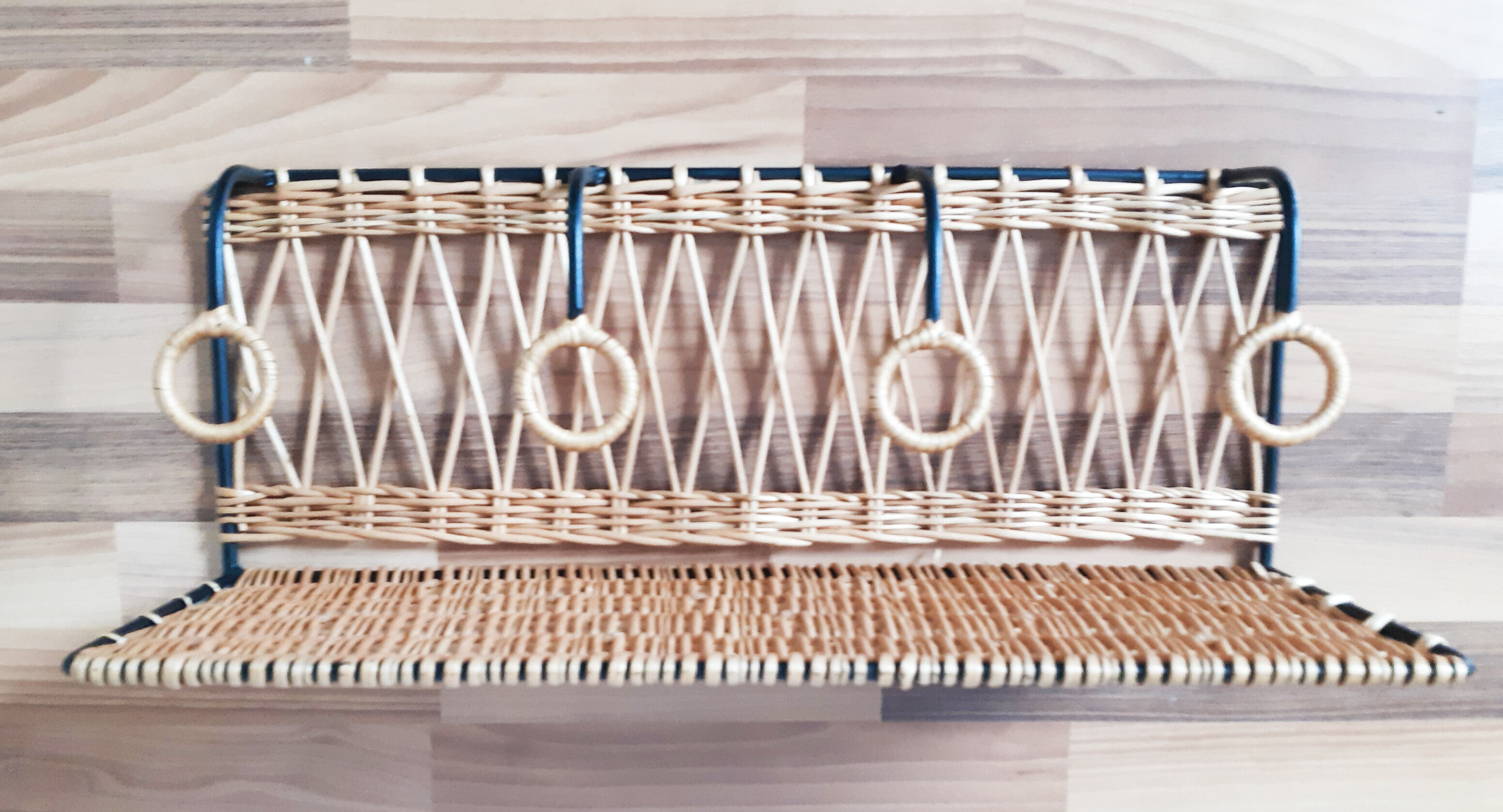 Rattan and metal shelf, coat racks, 50s