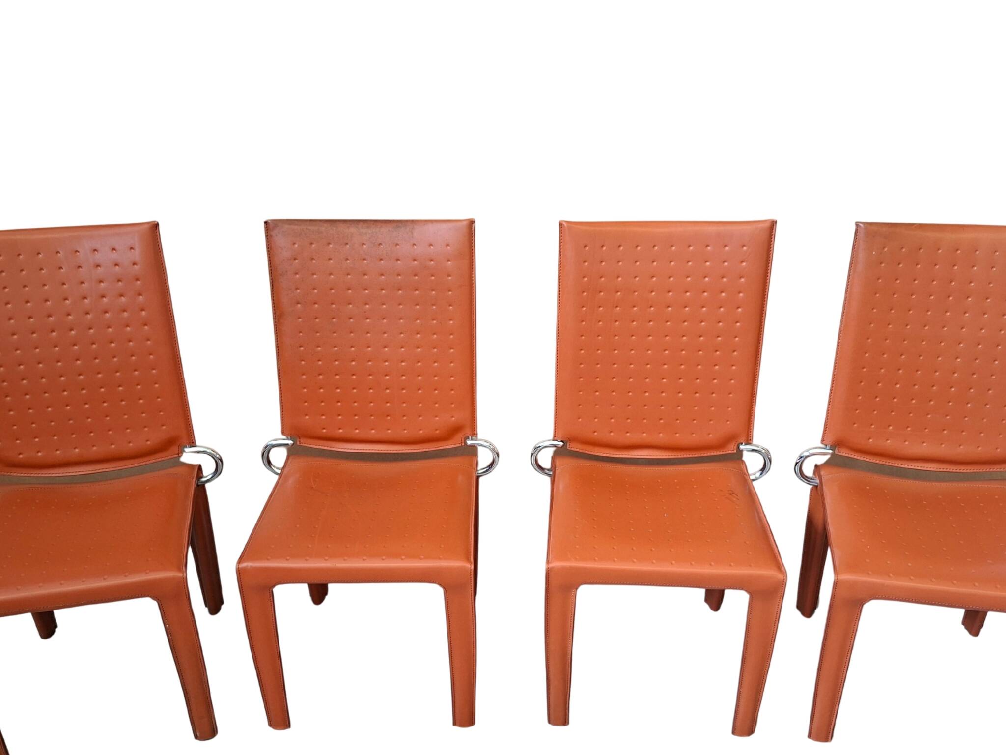 Set di 4 Sedie Design in Cuoio Arancione e Ferro Vintage