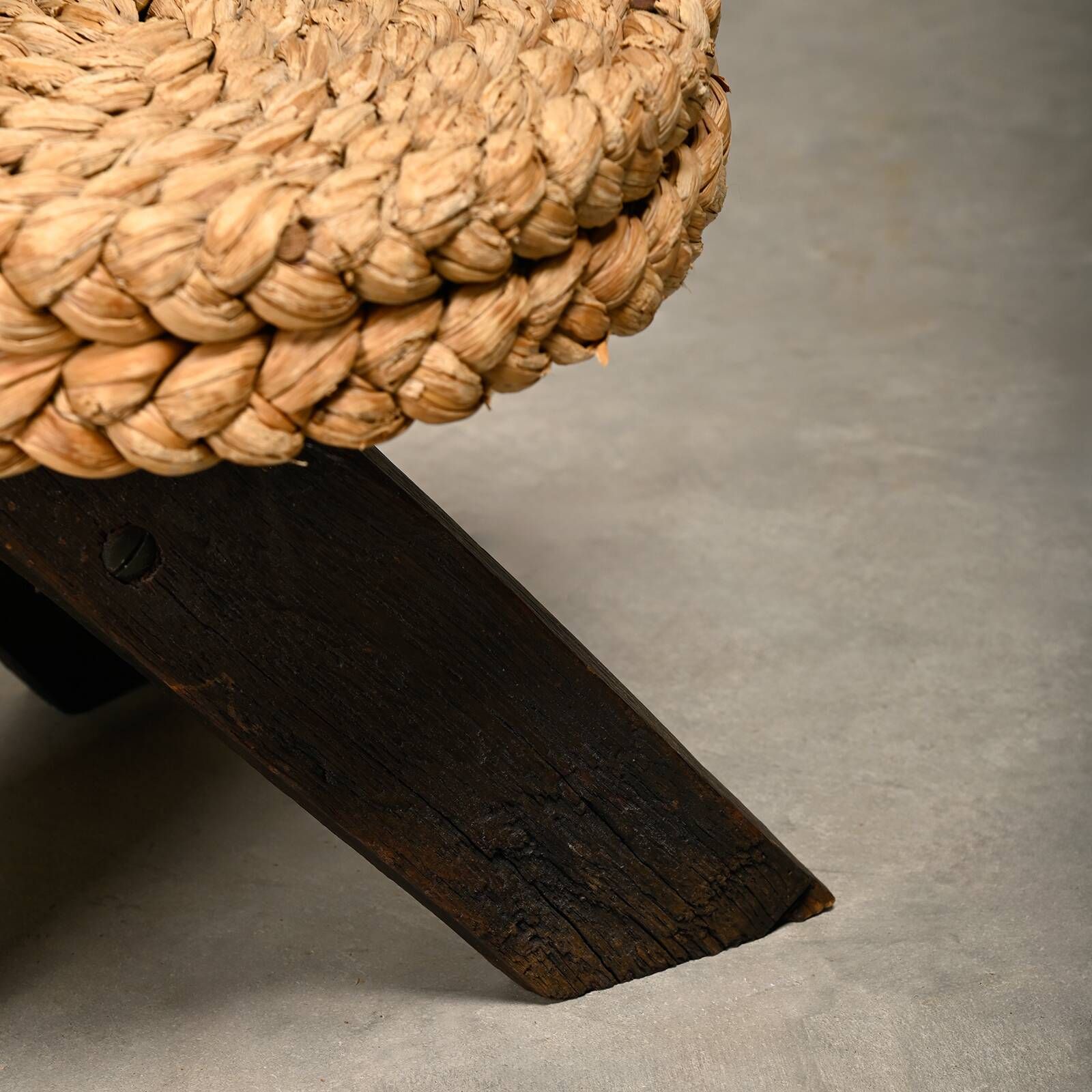 Fireplace Stool in Oak and Straw, France 1950s