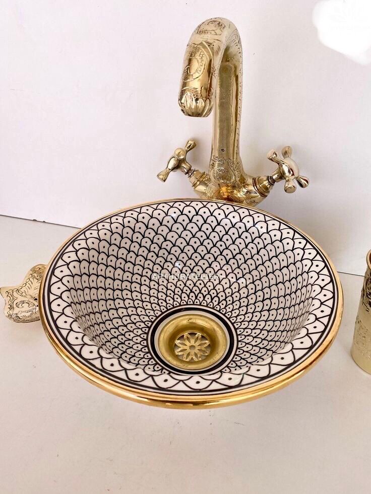 Moroccan ceramic Sink 100% handcrafted with Gold Brass