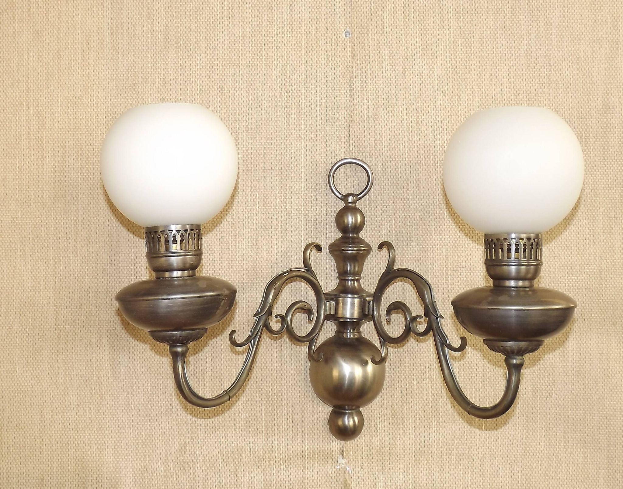 Vintage French silvered Flemish double wall sconce with opaque white glass shade 5007.