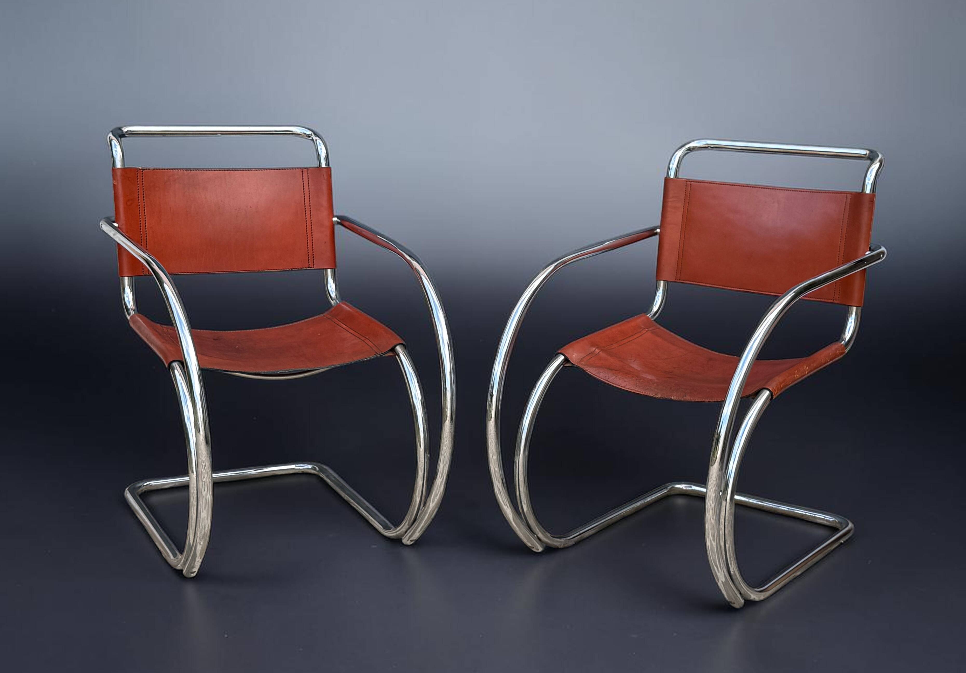 PAIR OF LEATHER AND CHROME ARMCHAIRS MR20 FROM THE 1970s MODEL BY MIES VAN DER