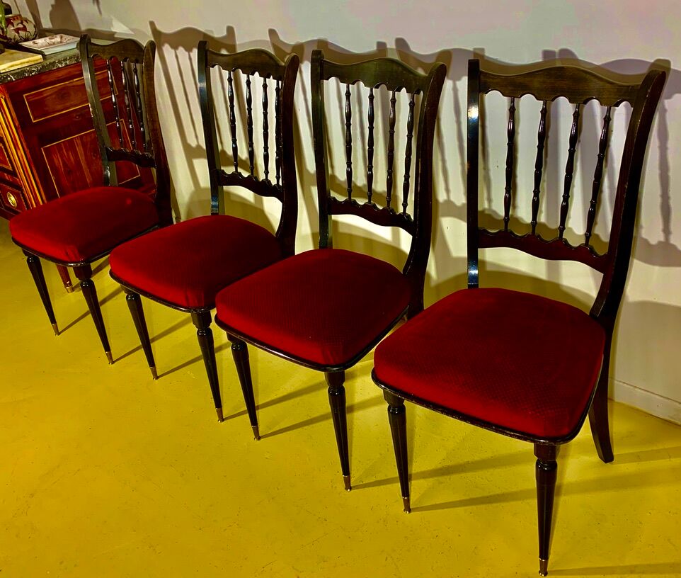 4 CHAIRS Napoleon III, black lacquered, seats Red Velvet