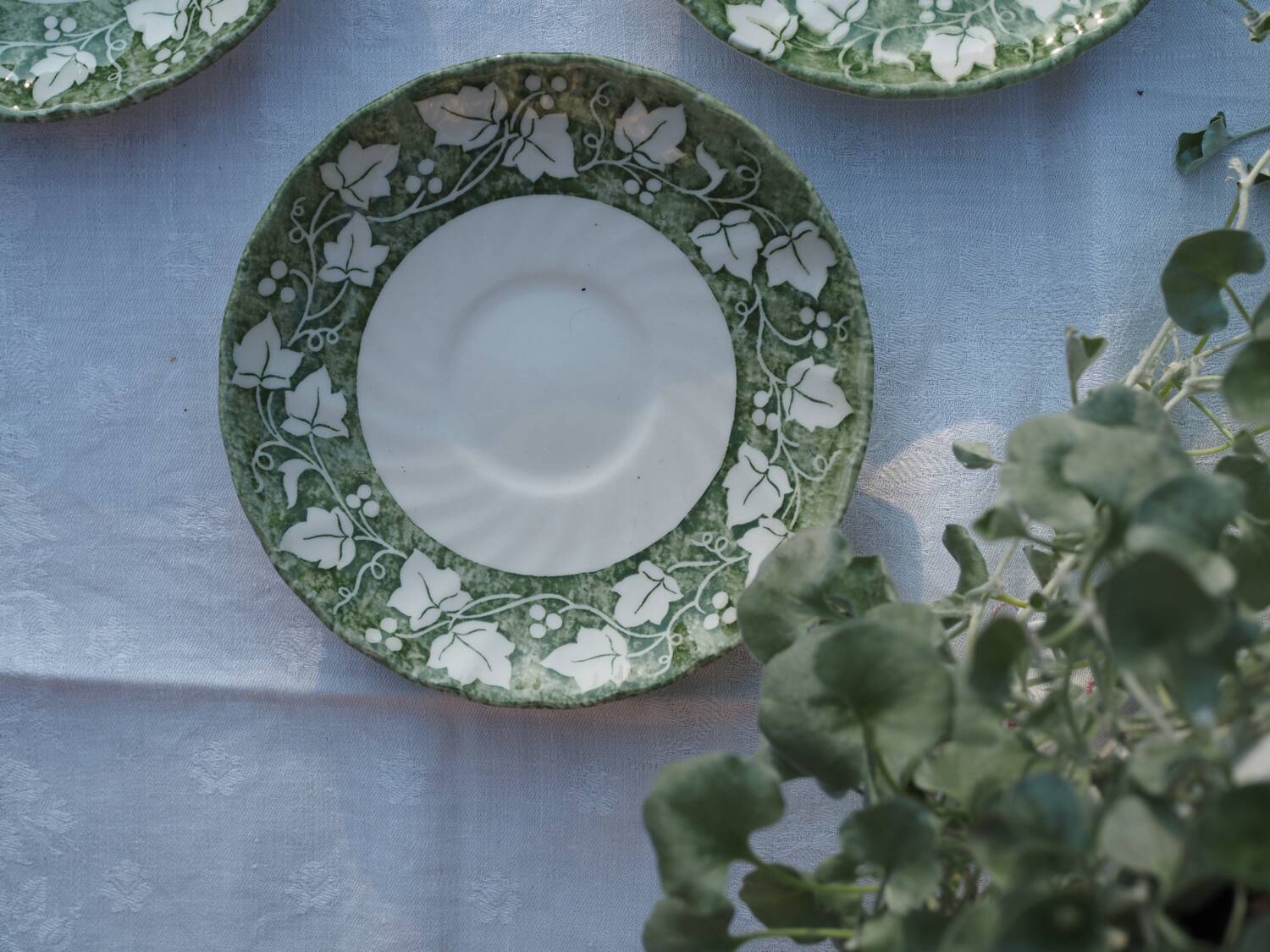 3 Churchill Staffordshire "Verdigris" saucers