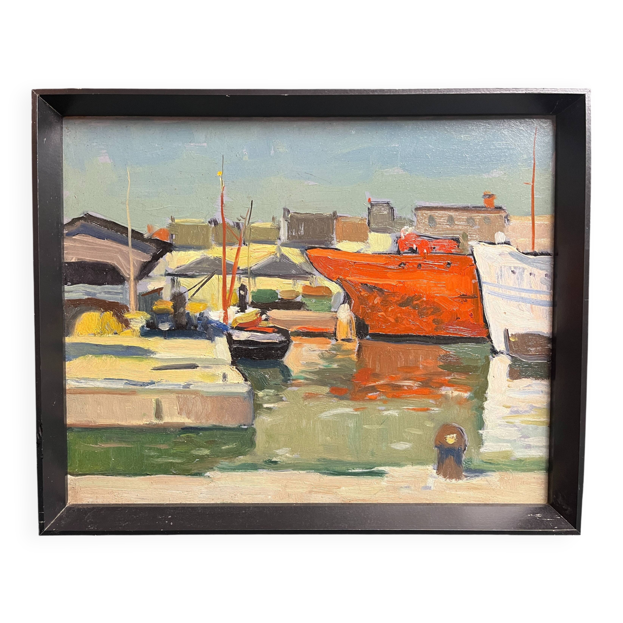 Oil on panel Boats in the port frame 20th century