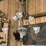 19th century brass and bronze chandelier, Napoleon III, illuminated by 6 tulips and a central globe