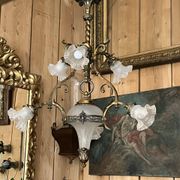 19th century brass and bronze chandelier, Napoleon III, illuminated by 6 tulips and a central globe