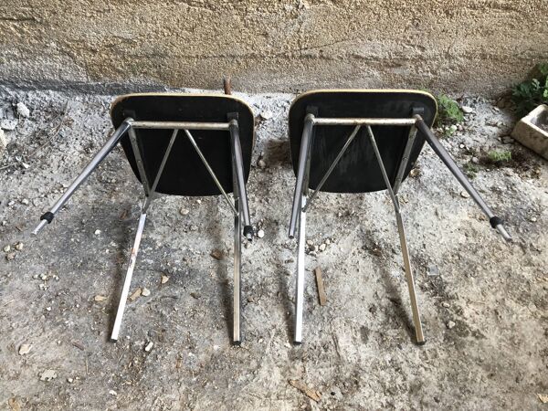 Paire de chaises pieds compas métal chromé avec formica marron années 70 vintage