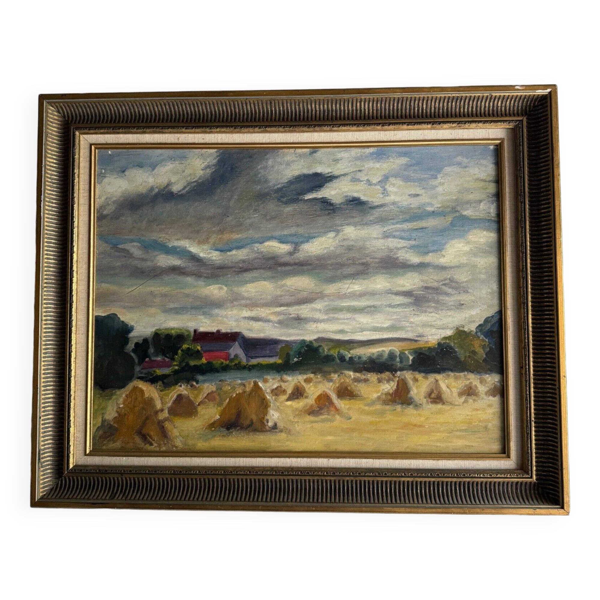Oil on panel haystacks 20th century whitewashed frame