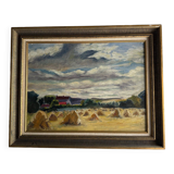 Oil on panel haystacks 20th century whitewashed frame