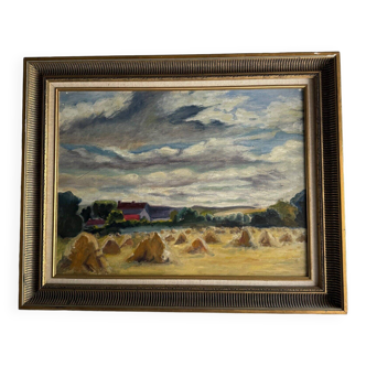 Oil on panel haystacks 20th century whitewashed frame