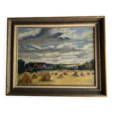 Oil on panel haystacks 20th century whitewashed frame