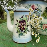 Cafetière ancienne Japy en tôle émaillée fleurs de pensée