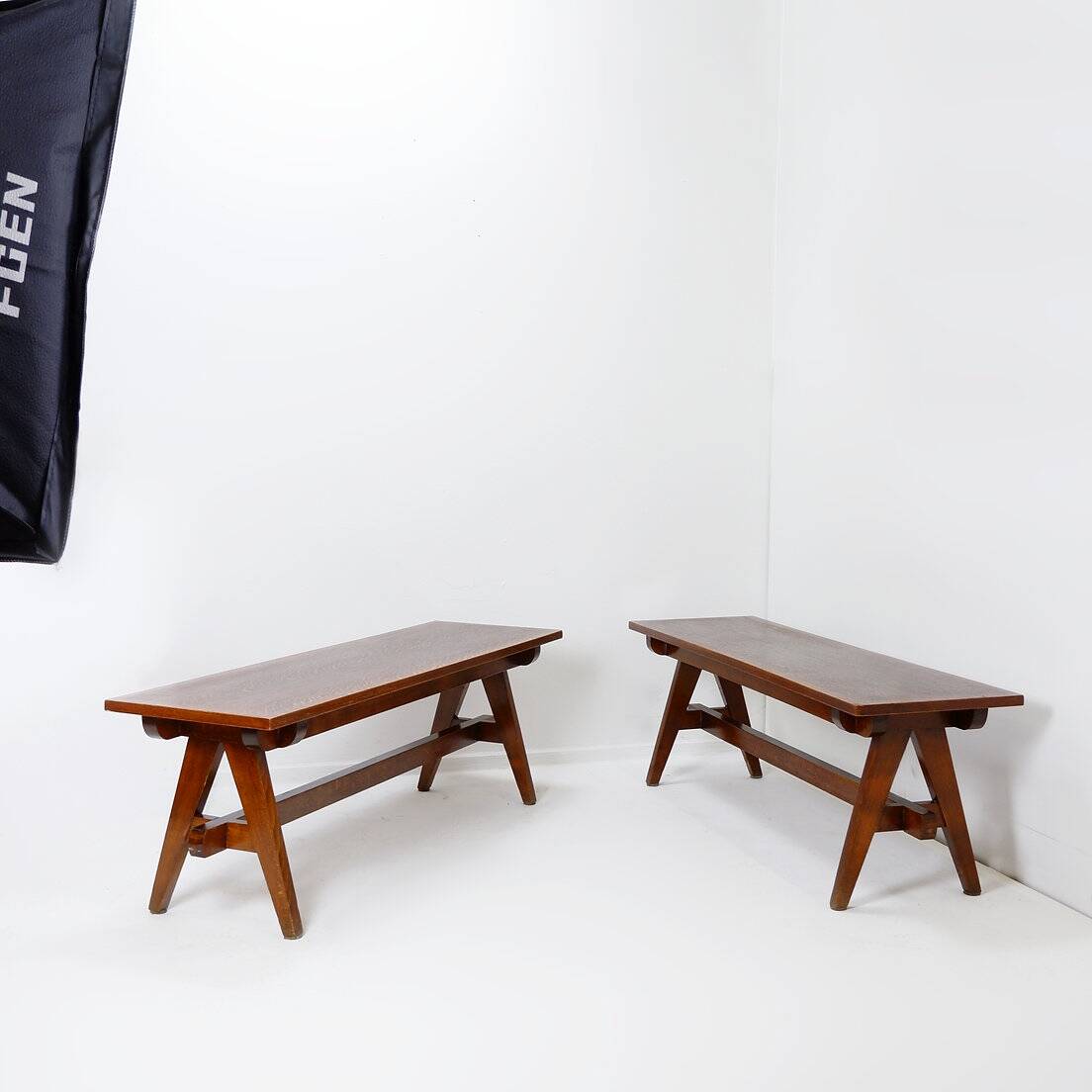 Pair of solid wood benches with compass feet