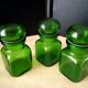 3 pots, flacons en verre vert, années 70