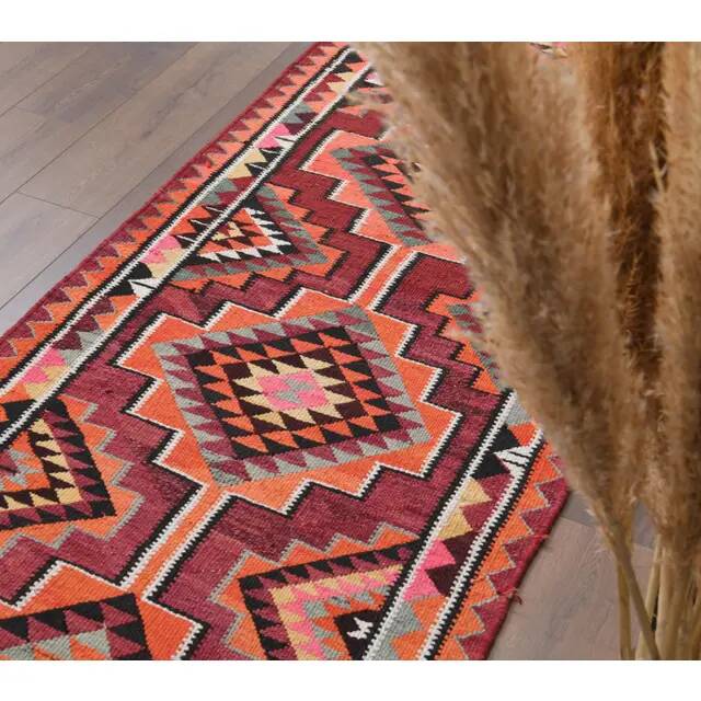 1970s Vintage Turkish Hand-Knotted Wool Cotton Red Runner Rug 93x324