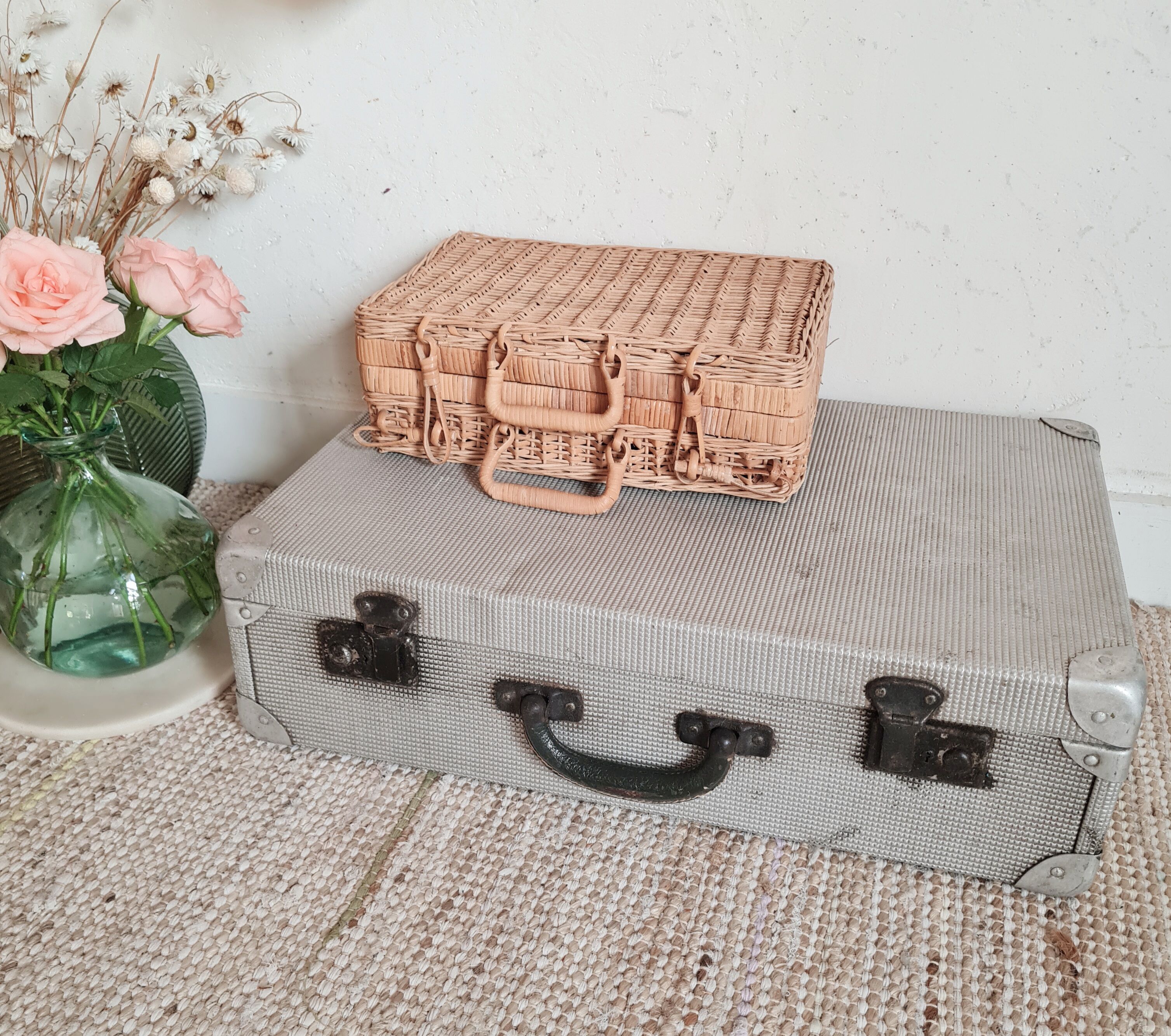 Old metal suitcase green leather handle