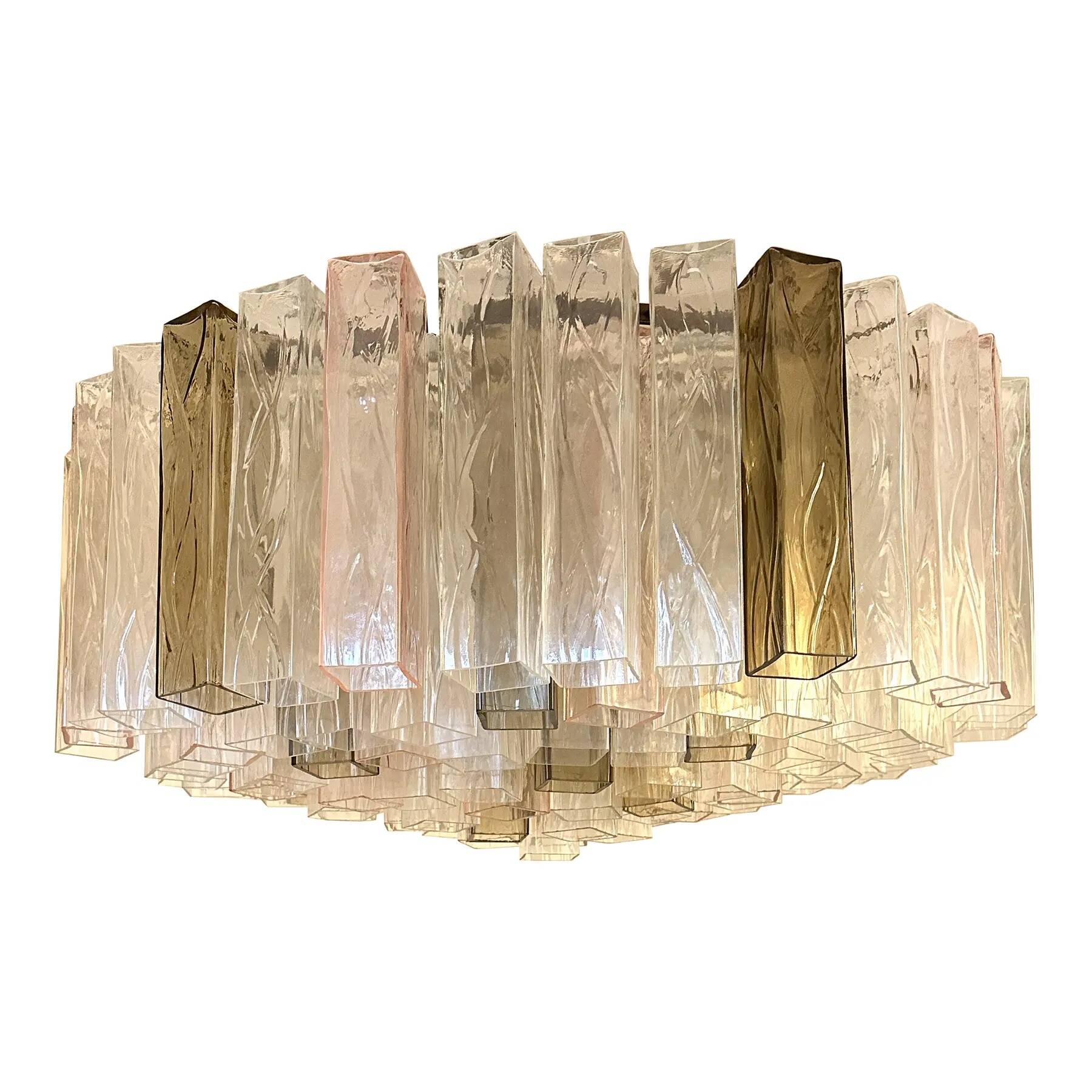 Contemporary Clear, Pink and Fumè “Squares” Murano Glass Flush Mount