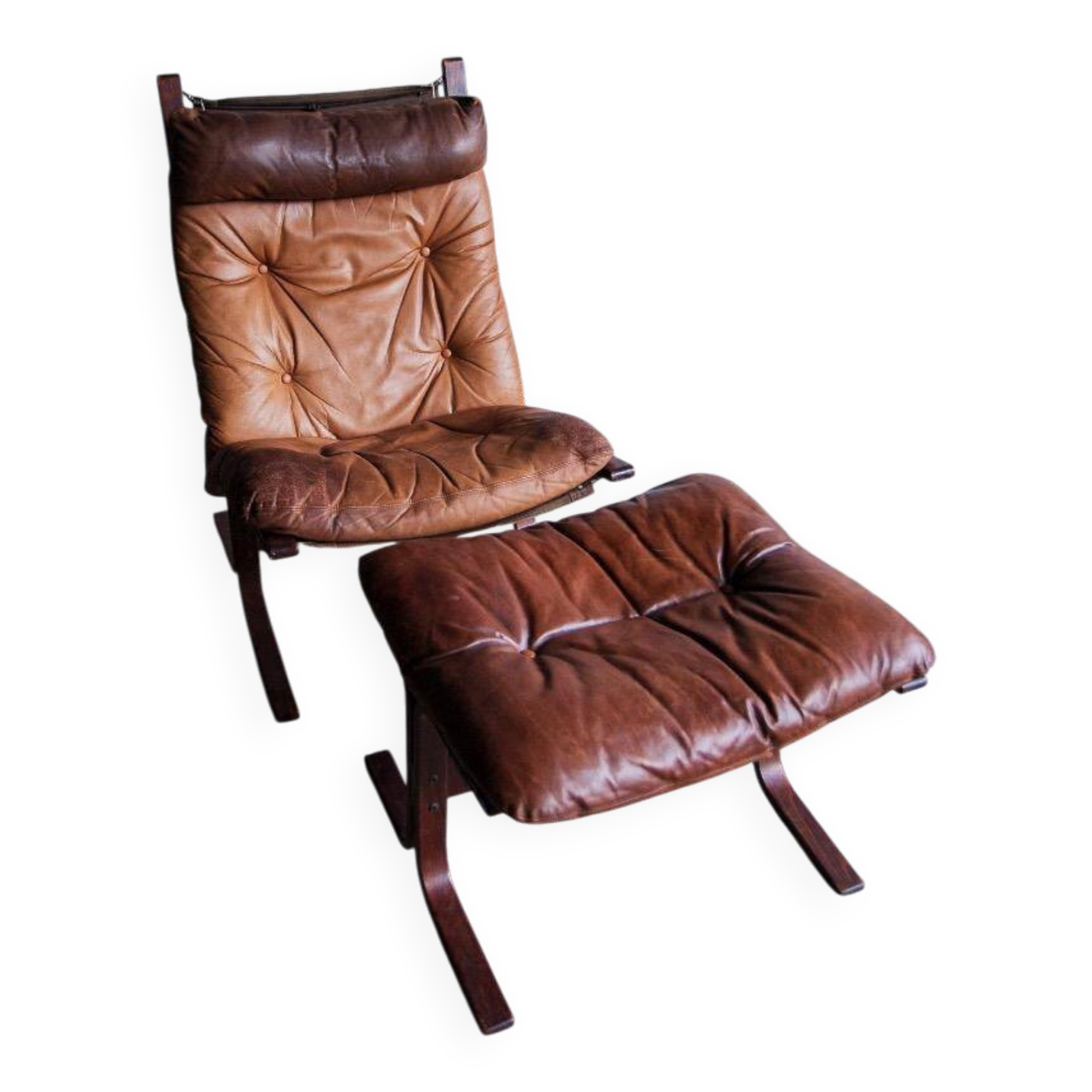 Siesta armchair by Ingmar Relling with ottoman — bentwood dark brown frame, cognac leather