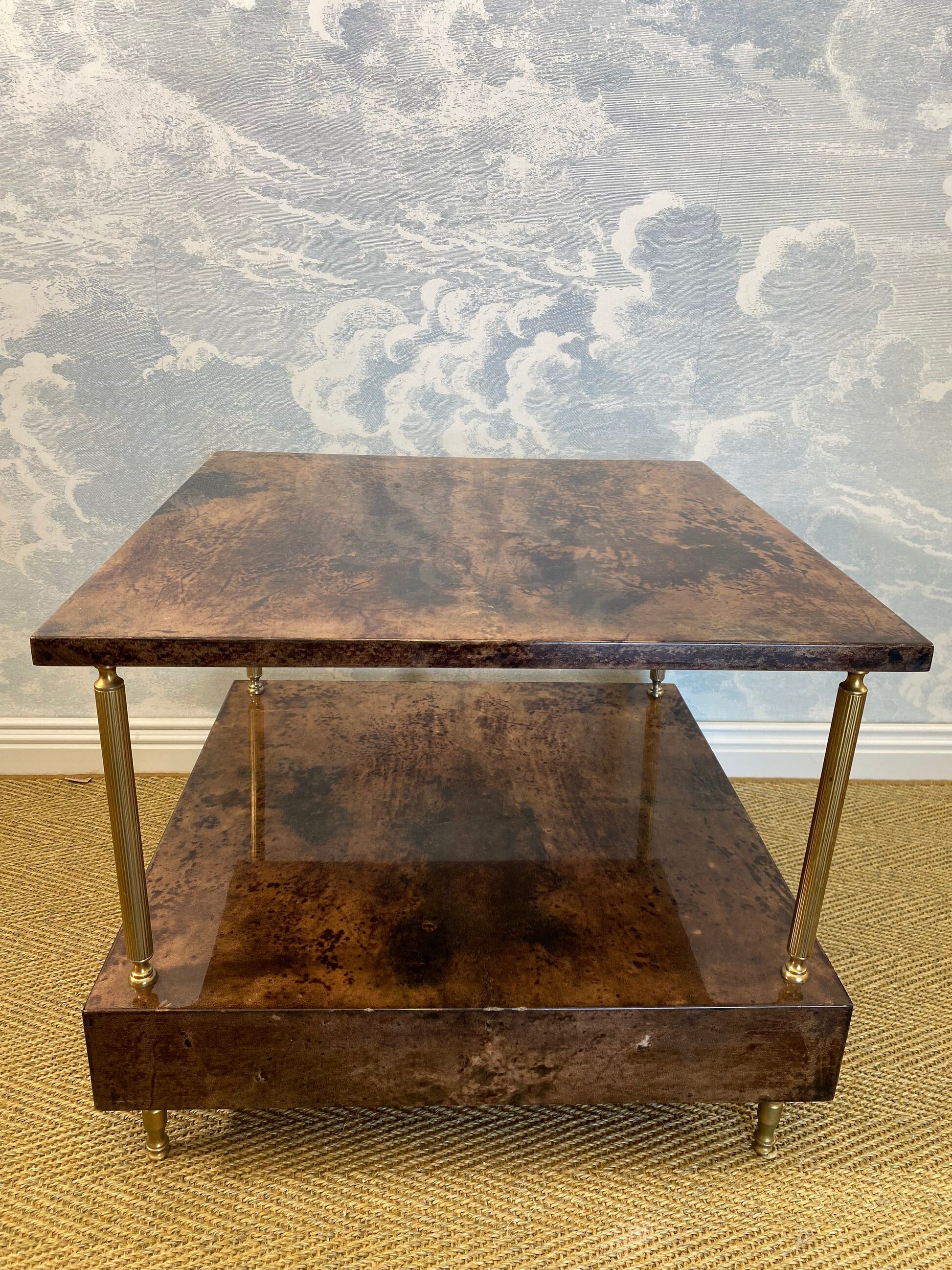 Aldo Tura side table in hazel brown tones with brass legs and bottom drawer