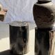 Black petrified wood side table with beige stripes, fine mesh, H35 D24 - 33