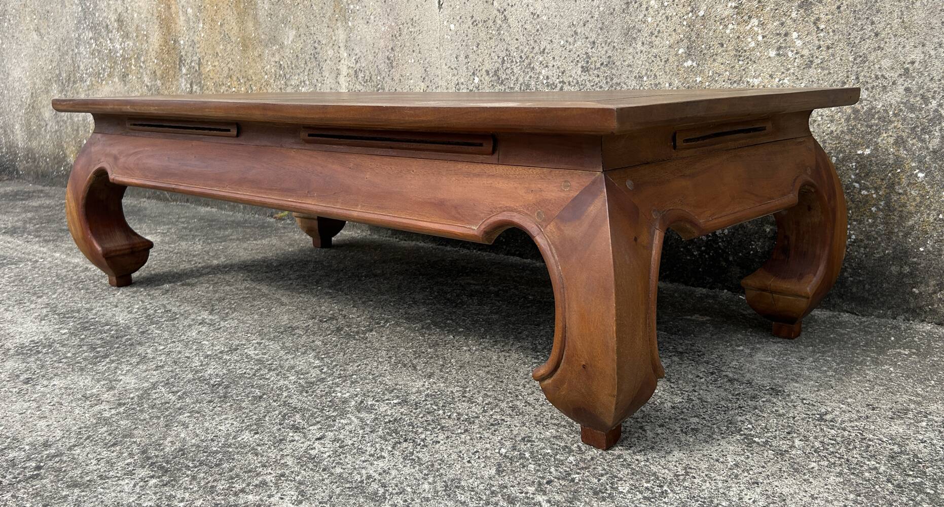 Large solid teak opium coffee table, elephant legs