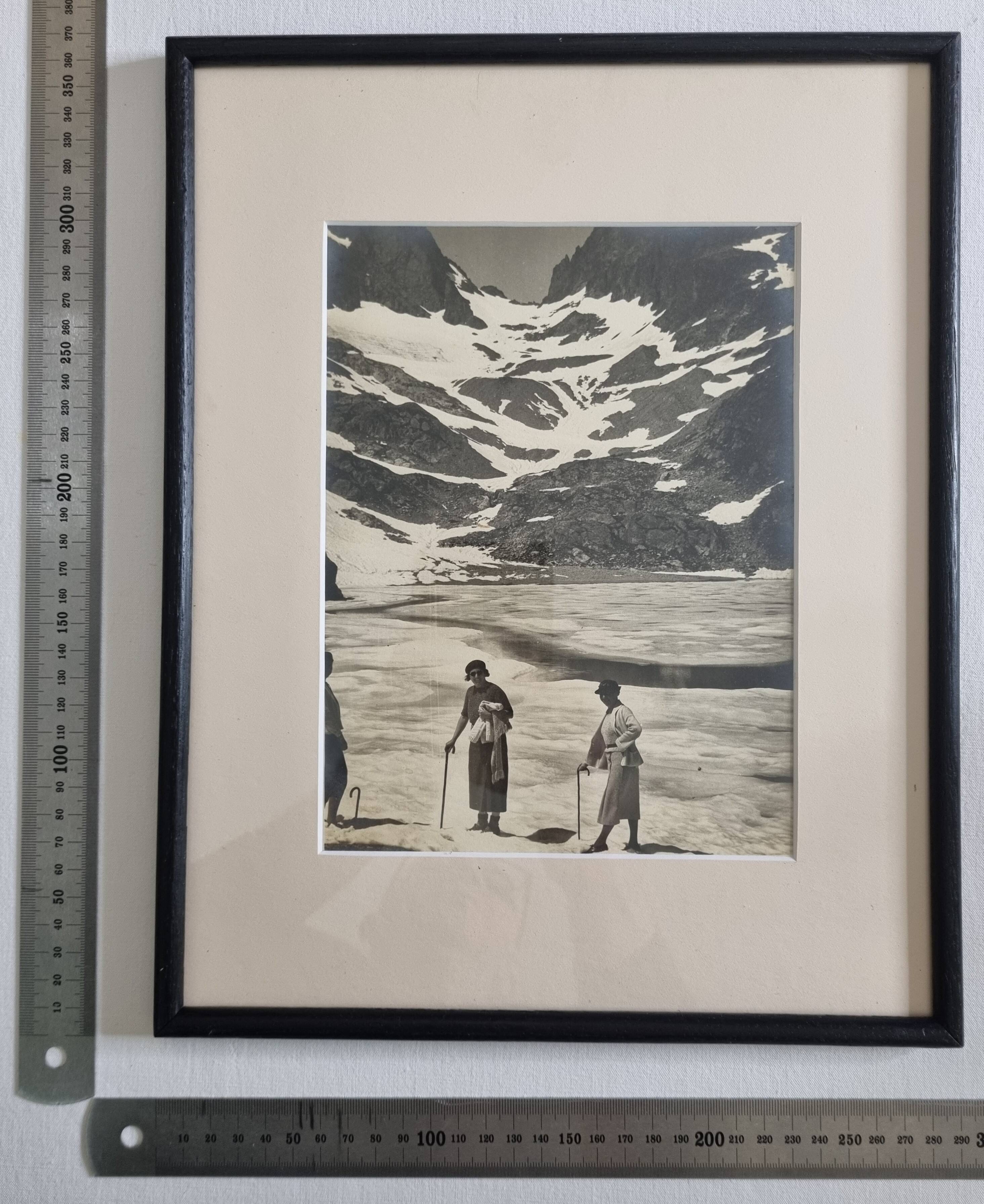 Framed photograph of walkers on the glacier, print by André Banon, 1930.