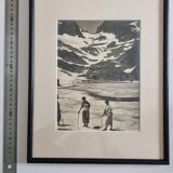 Framed photograph of walkers on the glacier, print by André Banon, 1930.