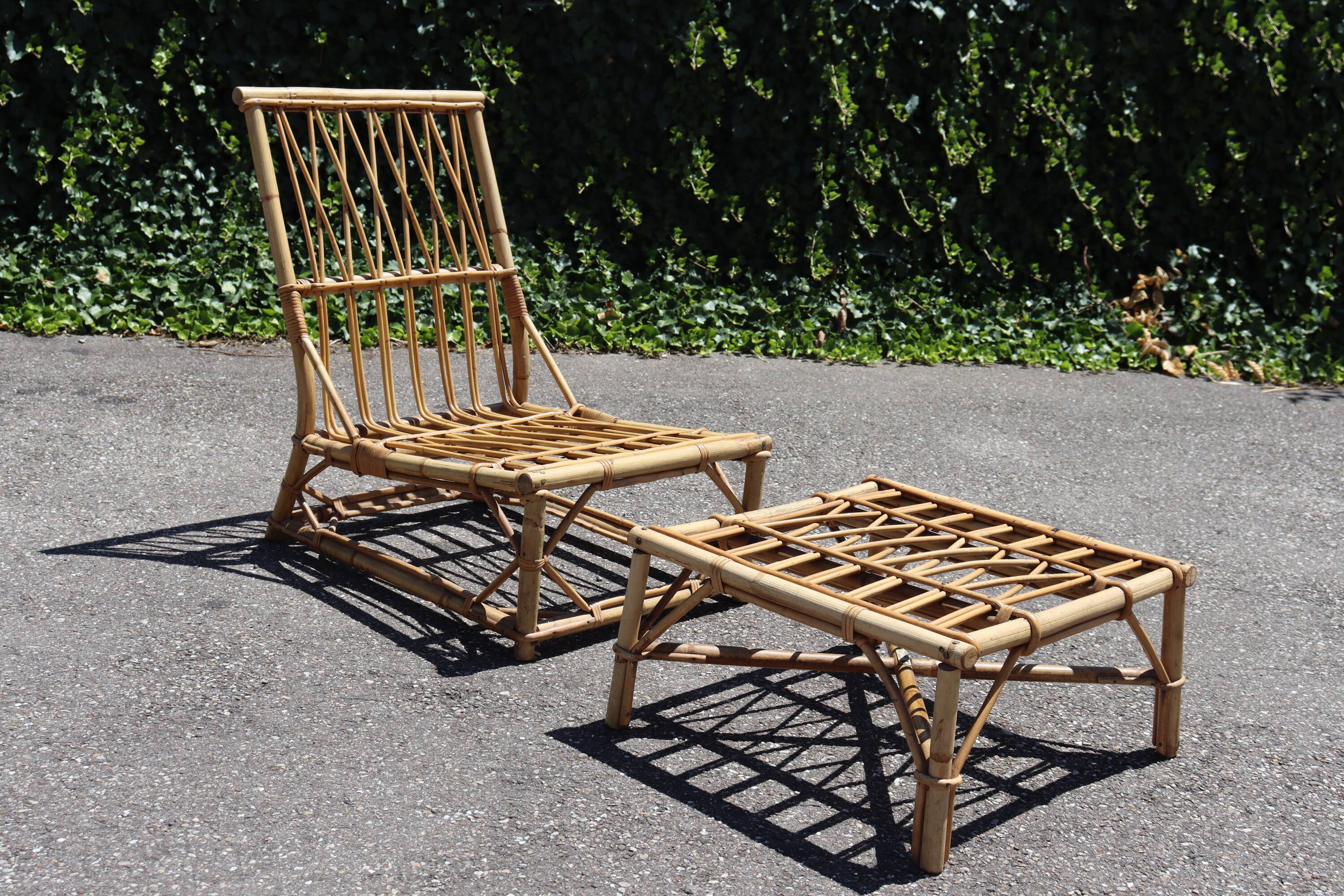 Rattan armchair and its footrest by Audoux & Minet 1950