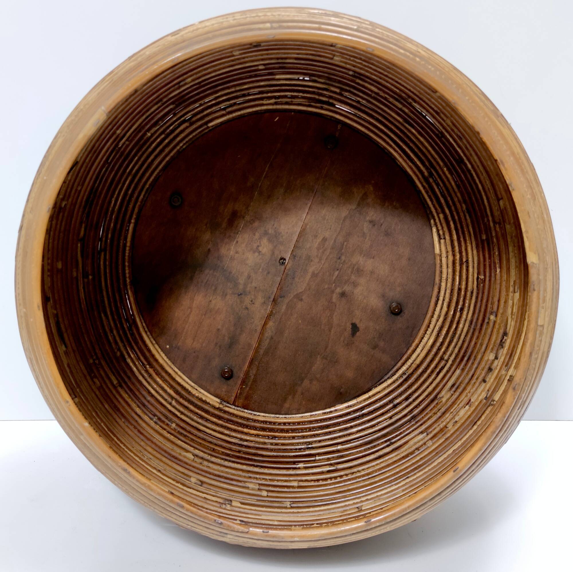 Postmodern Round Wicker and Beech Cachepot / Magazine Rack with Casters, Italy