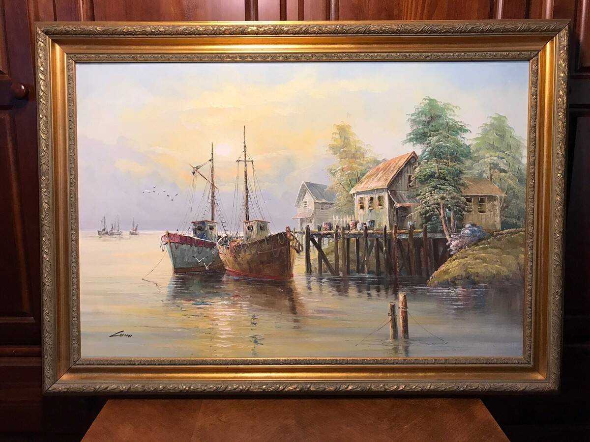 Oil on canvas john luini marine view boats + golden frame