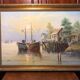 Oil on canvas john luini marine view boats + golden frame