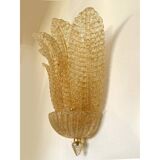 Set of Two Transparent and Gold Graniglia “Leaf” Murano Glass Wall Sconces