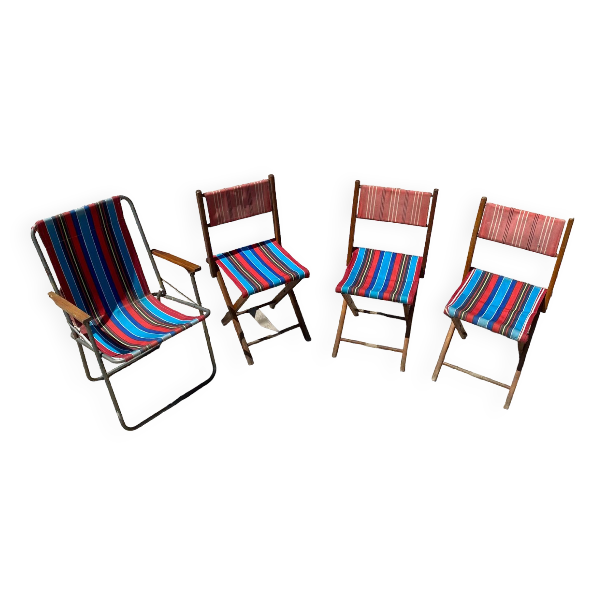 3 vintage folding chairs in canvas and wood
