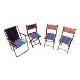 3 vintage folding chairs in canvas and wood