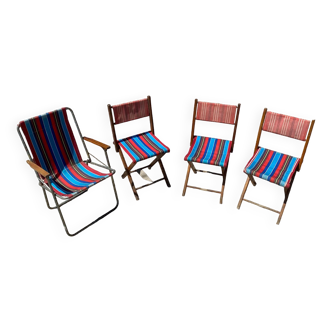 3 chaises pliables vintage en toiles et bois